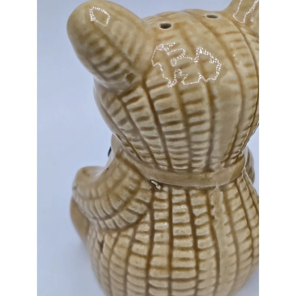 Vintage Ceramic Teddy Bear Salt Pepper Shakers Brown Quilted Look With Black Bow